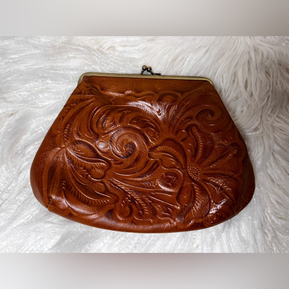 Patricia Nash Brown Leather Clutch with Ornate Embossing